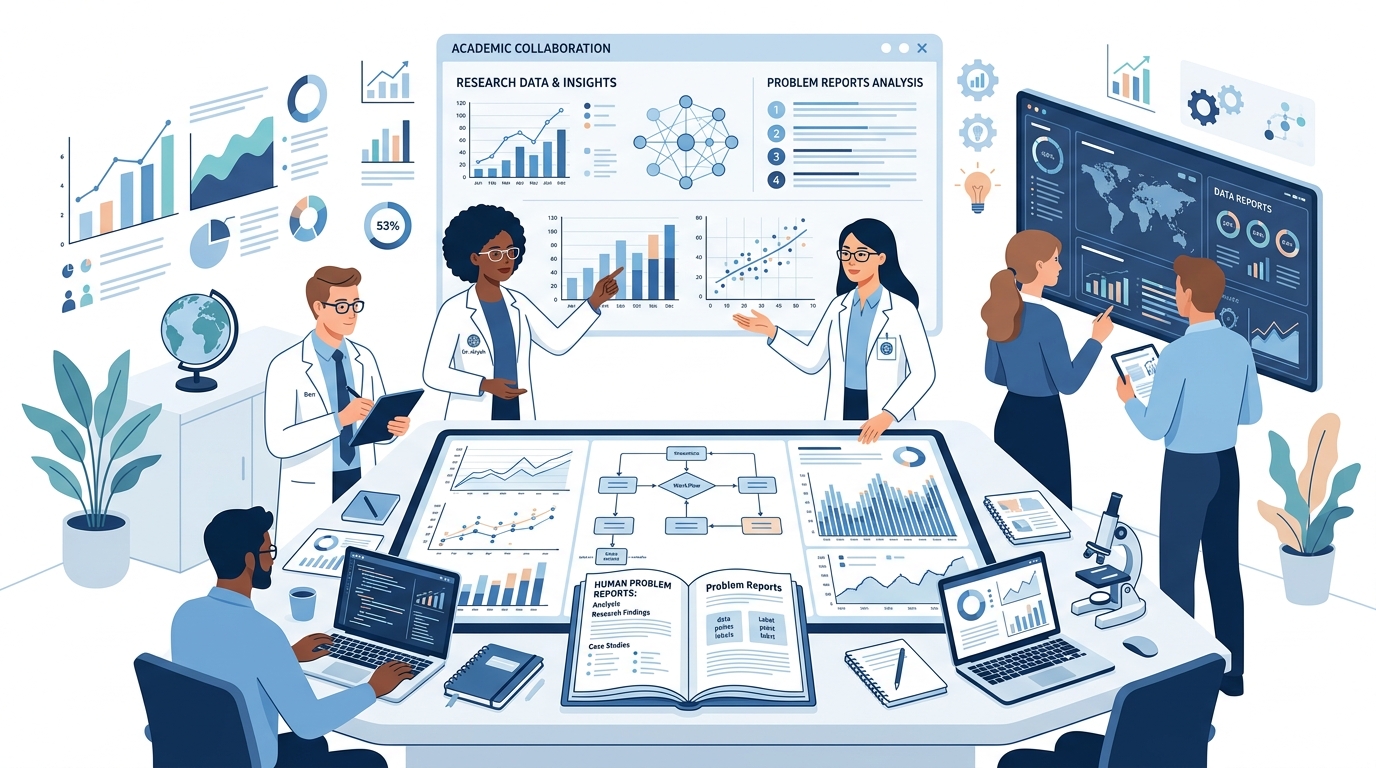 Researchers collaborating and analyzing human problem reports